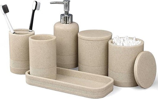LIN CHUAN 6-Piece Bathroom Accessories Set, Bathroom Accessory Set with Soap Dispenser, Toothbrush Holder Set, Vanity Tray, Tumbler & 2 Cotton Swab Jars, Modern Stylish Bathroom Organizer(Beige) - ModernBath
