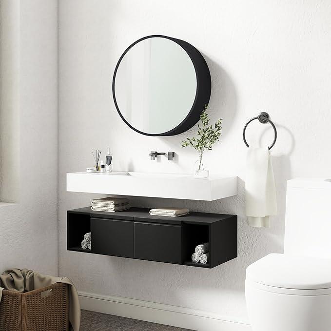 SUNWAVE 20 Inch Round Black Medicine Cabinet with Mirror, Modern Wall Mounted Vanity Cabinet for Bathroom, Circle Bathroom Mirror with Storage, Space-Saving Wood Cabinet (Black, 20 Inch) - ModernBath
