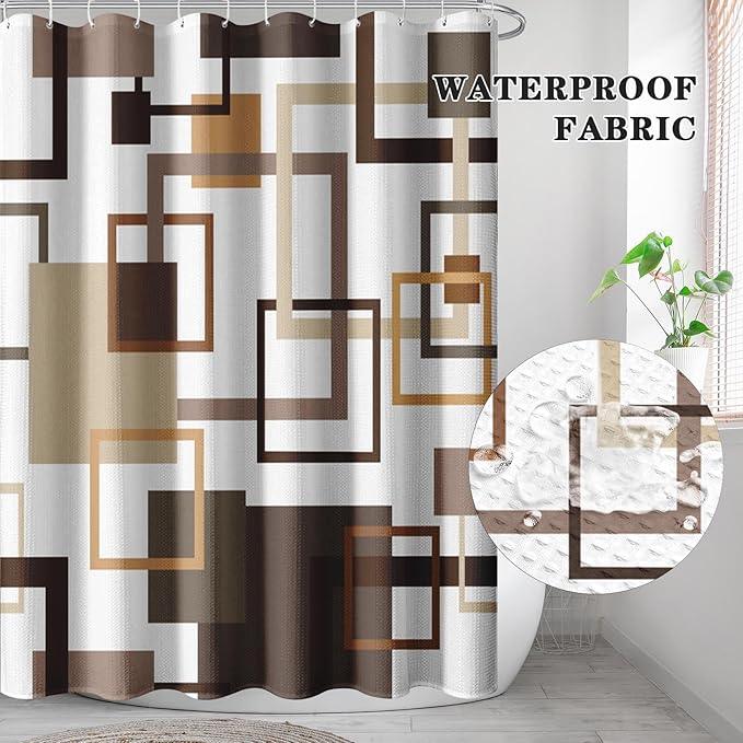 Culudea Geometric Vintage Brown Shower Curtain Set, Abstract Modern Line Bathroom Window Waterproof Shower Curtain Set for Bathroom Decor - ModernBath