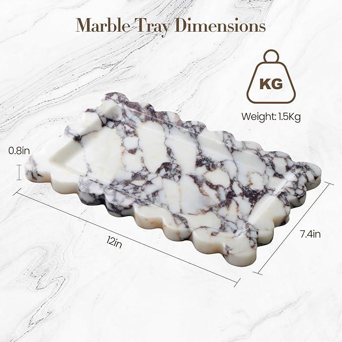 SAMAH Calacatta Viola Natural Marble Tray, Scalloped Bathroom Tray, Luxury Decorative Trays for Bathroom, Vanity, Dresser, Kitchen & Home Decor, House Warming Gifts New Home (Rectangle,12x7.4 Inch) - ModernBath