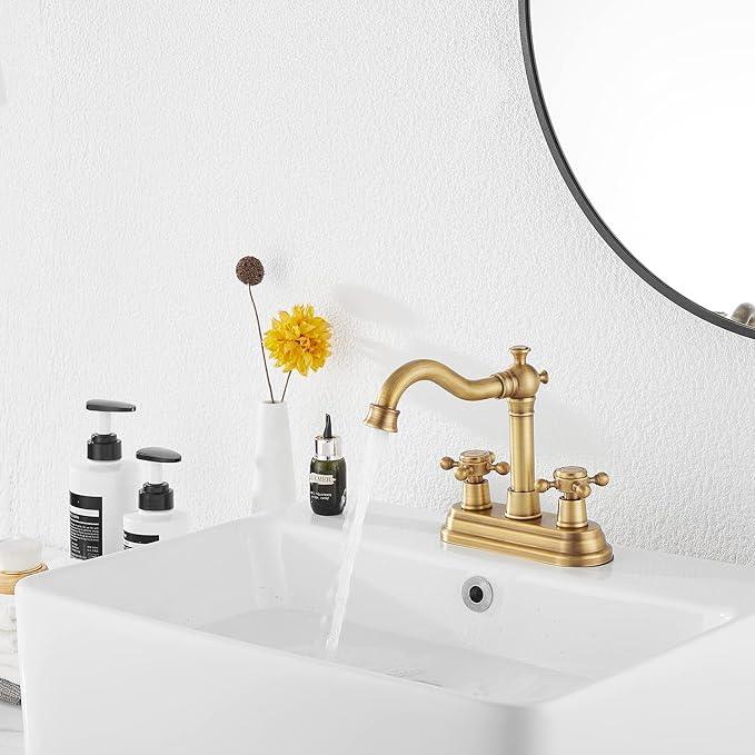 Bathroom Faucet Antique Brass GGStudy 2 Handles 4 Inches Centerset Bathroom Vanity with Drain Assembly and Supply Hose Lavatory Faucet Mixer Double Handle Tap - ModernBath