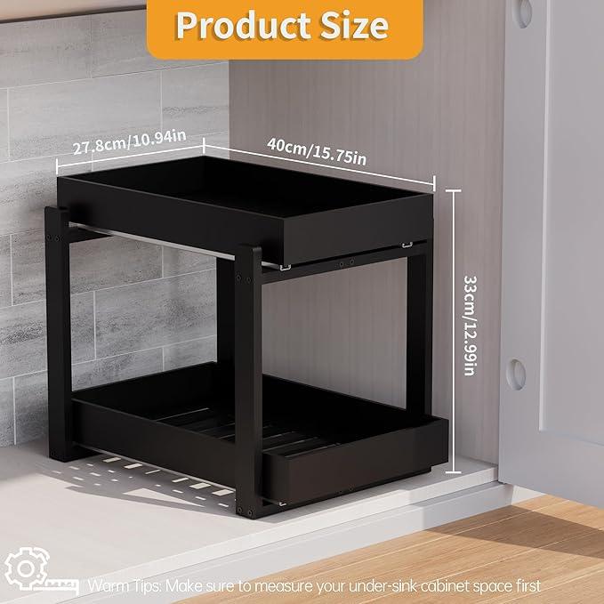 Bamboo Wood Under Sink Organizer 1 Pack, Pull Out Cabinet Organizer 2 Tier Under Sink Organizers and Storage with Sliding Drawer Sturdy Easy Assembly for Kitchen Bathroom Undersink (Black, 1 Pack) - ModernBath
