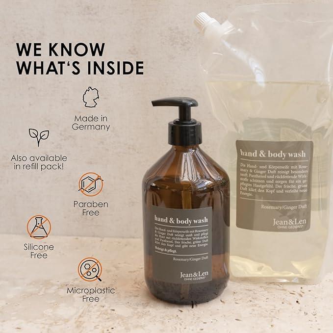 Jean & Len Hand & Body Wash Liquid, Spicy fresh scent Rosemary & Ginger, Hand and Body refillable Liquid, 100% vegan, without silicones, parabens and microplastics 16.9 Fl. Oz. - ModernBath