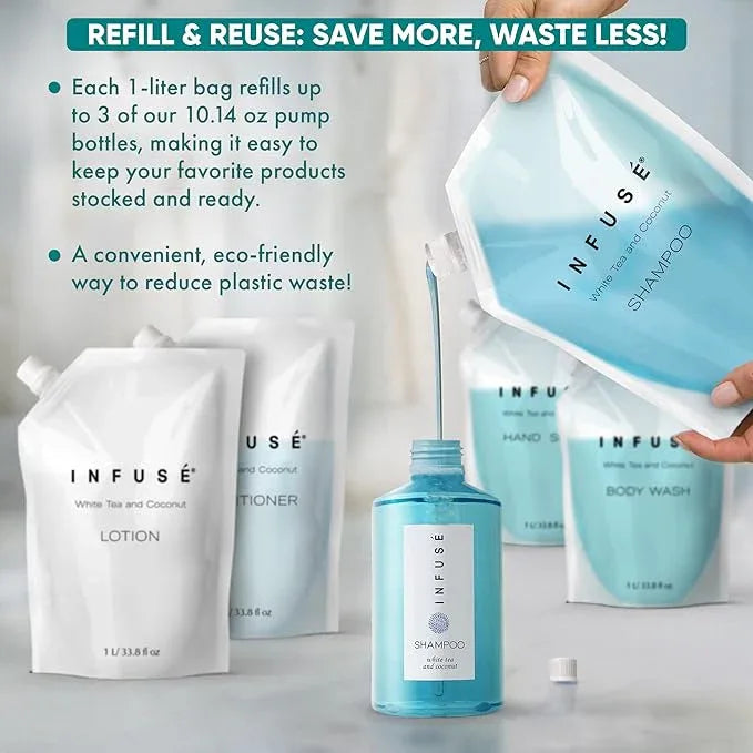 INFUSÉ 1 Liter Shampoo Refill Bag For Soap Dispensers | Bulk Toiletries for Vacation Rentals, and Home Bathroom Showers | White Tea and Coconut | Single - ModernBath