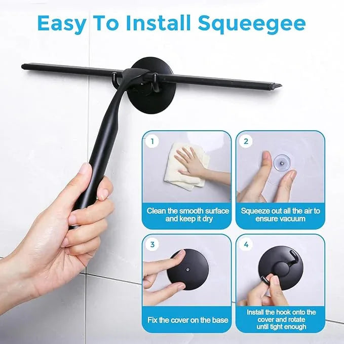 Quntis 12 Inch Squeegee for Shower Glass, Black Shower Squeegee with Adhesive Hooks Heavy Duty, Non-Slip Long Handle, Spare Blade, All-Purpose Squeegee Cleaning for Bathroom Doors Car Window - ModernBath