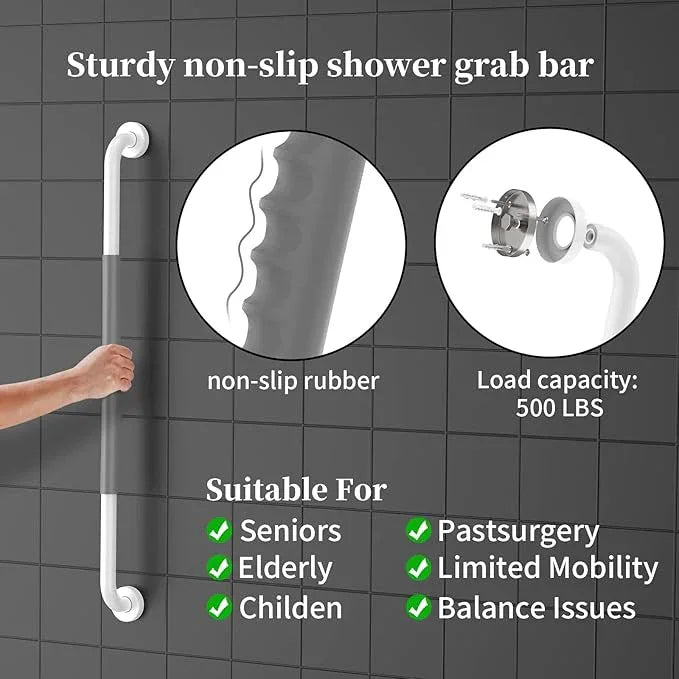 32 Inch Anti Slip Shower Grab Bar, Munzong White Stainless Steel Bathroom Grab Bar w/Gray Rubber Grip, Bathroom Balance Bar,Safety Handrail Support,Handicap Elderly Senior Assist Bath Handle - ModernBath