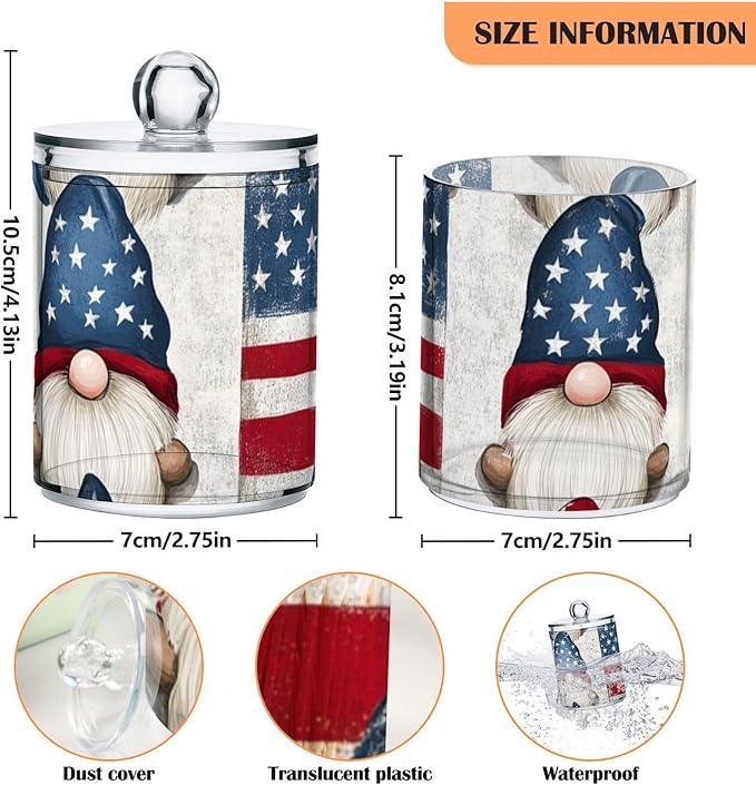Tatenale Qtip Holder Bathroom Set Q tip Cotton Ball Swab Pad Dispenser Container Organizer Plastic Jars with Lids Storage 2Pack 4th Of July Patriotic Gnomes White - ModernBath