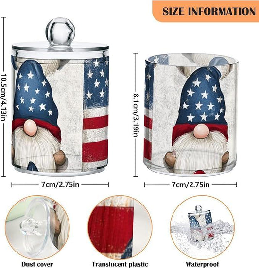 Tatenale Qtip Holder Bathroom Set Q tip Cotton Ball Swab Pad Dispenser Container Organizer Plastic Jars with Lids Storage 2Pack 4th Of July Patriotic Gnomes White - ModernBath