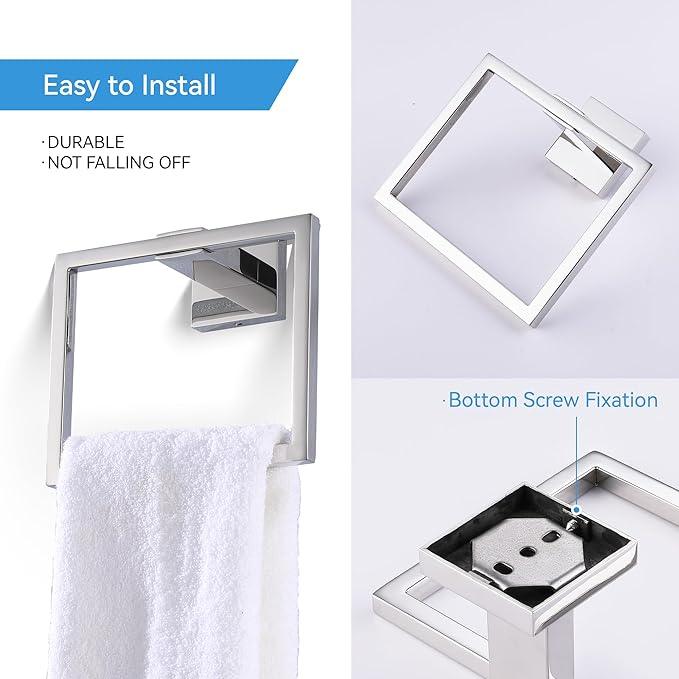 LANC Hand Towel Rings for Bathroom Wall Mount Chrome Polished Square Hand Towel Holder for Lavatory Bathroom Hardware Accessories Stainless Steel Modern Style Shower Towel Towel Racks Hanger, A8896CP - ModernBath