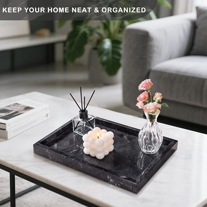 Homaura Marble Bathroom Tray for Countertop & Home Decor, Natural Decorative Marble Tray for Jewelry & Perfume Organizer, Luxury Stone Vanity Trays for Dresser, Kitchen Counter, 12" x 8", Gray Black - ModernBath