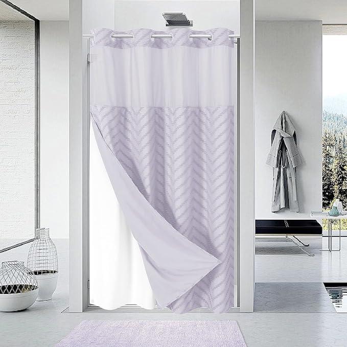 eachope Stall No Hook Boho Farmhouse Shower Curtain with Snap-in Fabric Liner set-54Wx80H(78H),Tufted Chevron Striped Hotel Grade Cloth Shower Curtains for Bathroom,Water Repellent,Lavender - ModernBath