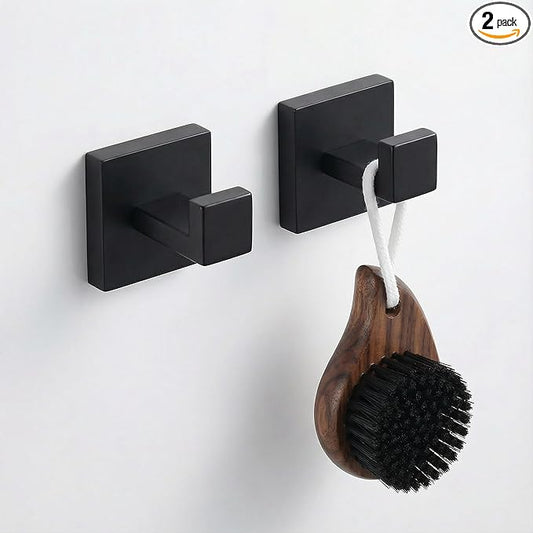 Hiuqixe Matte Black Towel Hooks 2 Pack, SUS304 Stainless Steel Bathroom Robe Hook, Heavy Duty Modern Square Coat Holder, Rustproof, Anti-Rotation Wall Mount for Hand Towels & Bath