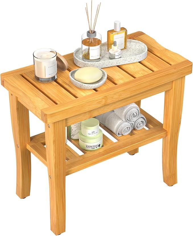 Bamboo Shower Bench Stool with Storage Shelf Waterproof Shower Chair Spa Bath Seat First Apartment Essentials New Home Must Haves Things Stuff Accessories House Warming Hostess Host - ModernBath