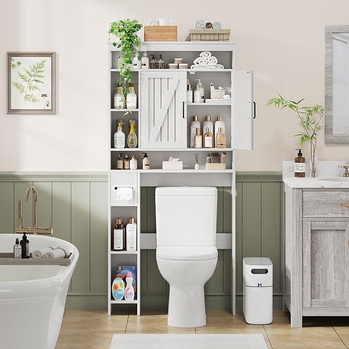 Over The Toilet Storage Cabinet with 2 Barn Doors & Built-in Toilet Paper Holder, Farmhouse Space-Saving Organizer for Bathrooms and Laundry Room, White - ModernBath