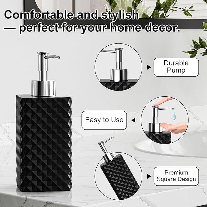 Bathroom Accessories Set Resin 6PCS, Square Toothbrush Holders Set Complete with Soap Dispenser, Vanity Tray, Tumbler, Cups and Cotton Swab Jars (Black Diamond, Resin Bath 6 PCS) - ModernBath