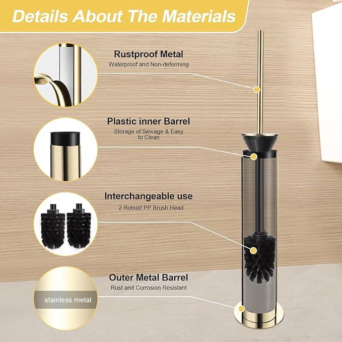BGL Toilet Brush and Holder Set, Heavy Duty 304 Stainless Steel, Round Base and Long Handle for Bathroom Deep Cleaning, Drip-Proof, Space Saving for Storag, Gold - ModernBath