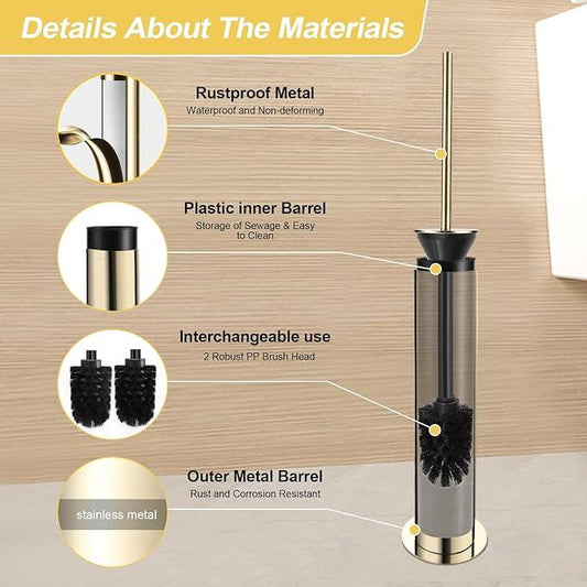 BGL Toilet Brush and Holder Set, Heavy Duty 304 Stainless Steel, Round Base and Long Handle for Bathroom Deep Cleaning, Drip-Proof, Space Saving for Storag, Gold - ModernBath
