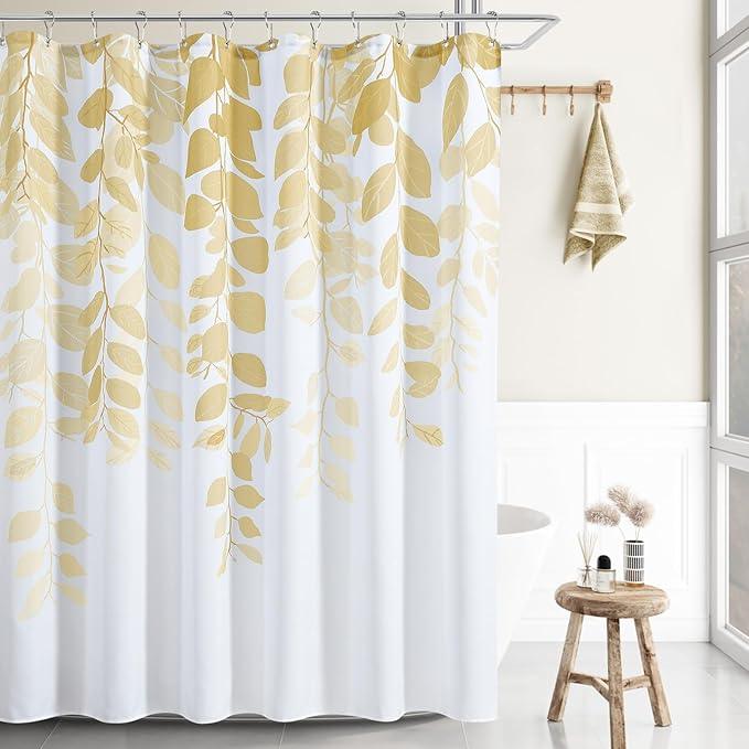 BOODII Gold Shower Curtain for Bathroom Botanical Eucalyptus Nature Eucalyptus Shower Curtain Set Floral Leaves Waterproof Bathroom Bath Curtains with Hooks 72x72 - ModernBath
