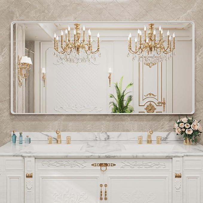 LOAAO 72x32 Inch White Metal Framed Bathroom Mirror for Wall, White Bathroom Vanity Mirror Farmhouse, Large Rounded Rectangle Mirror, Anti-Rust, Tempered Glass, Hangs Horizontally or Vertically - ModernBath