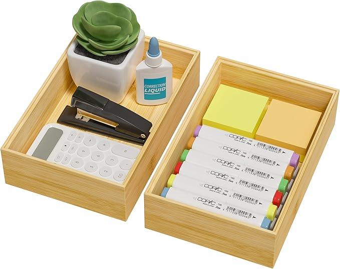 Kitchen Drawer Organizer Bins, Stackable Bamboo Drawer Organizer for Silverware, Flatware, Deep Office Desk Drawer Organizer Tray, Desktop Pen, Office Organization 9" x 6" x 2.5" (Set of 2) - ModernBath