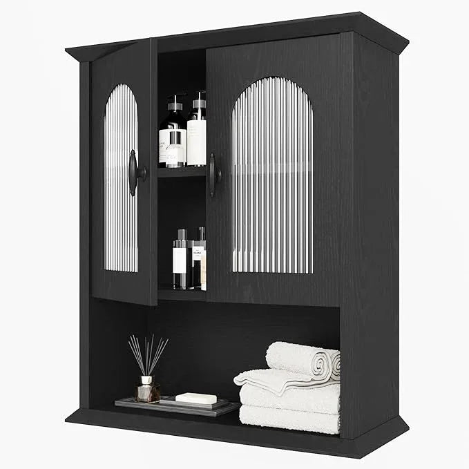 CJL Bathroom Wall Cabinet with Fluted Door, 18.9'' x 23.6'' Medicine Cabinet, Over The Toilet Storage Cabinet, Black - ModernBath