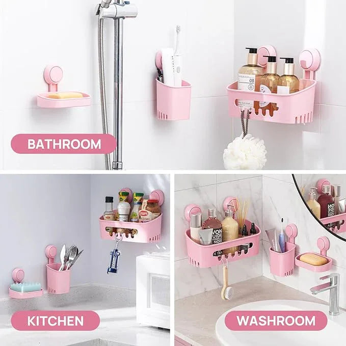 LEVERLOC Shower Caddy Suction Cup Set Shower Organizer & Soap Holder & Toothbrush Holder, Bathroom Shelf Basket NO-Drilling, Removable Suction Storage Waterproof Bathroom Caddy, Pink - ModernBath