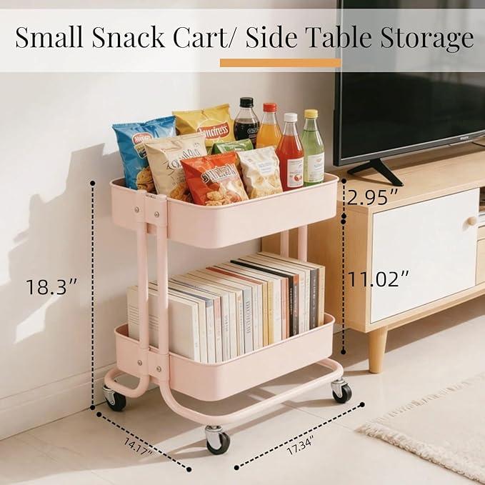 2 Tier Rolling Cart with Wheels for Under Desk Storage, Pink Small Rolling Pantry Storage Cart for Small Space, Metal Utility Shelf for Kitchen Bathrrom Laundry Room Organization - ModernBath