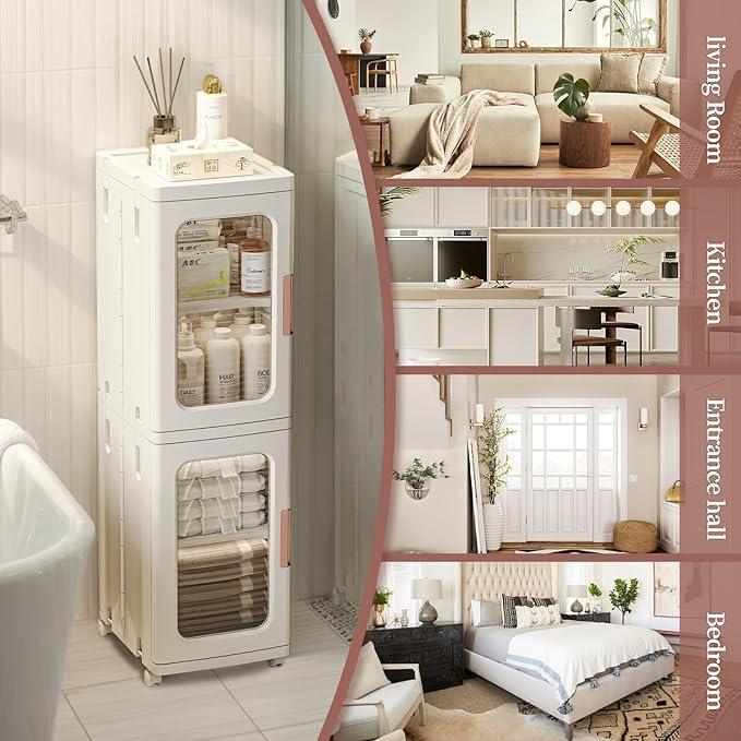 Narrow Cabinet With Doors and Shelves - Tall Skinny Bathroom Storage Kitchen Organizer With Adjustable Shelf - Toilet Paper Linen Closet 2 Layer (White) - ModernBath