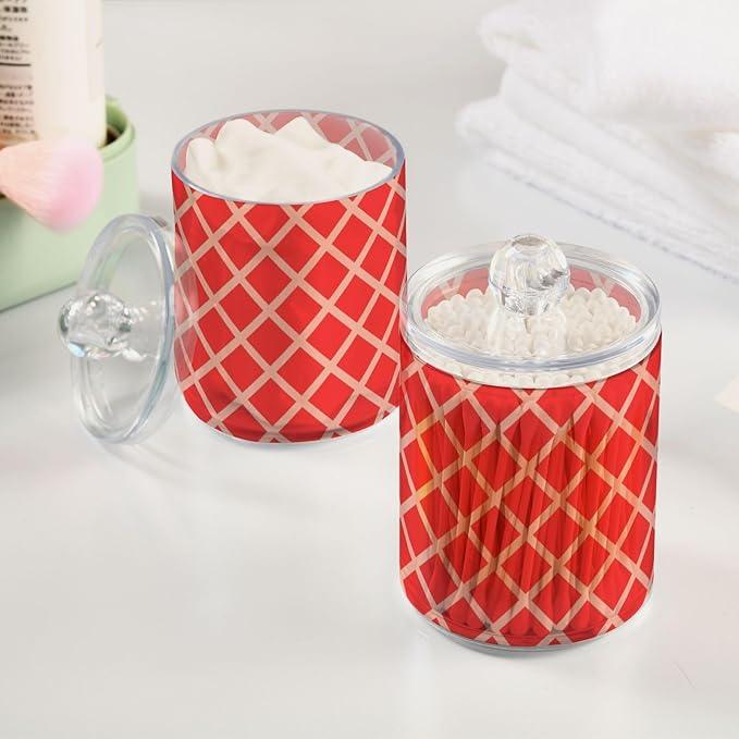 Tatenale Qtip Holder Bathroom Set Q tip Cotton Ball Swab Pad Dispenser Container Organizer Plastic Jars with Lids Storage 2Pack Red Square Rhombuses Mosaic Grid - ModernBath
