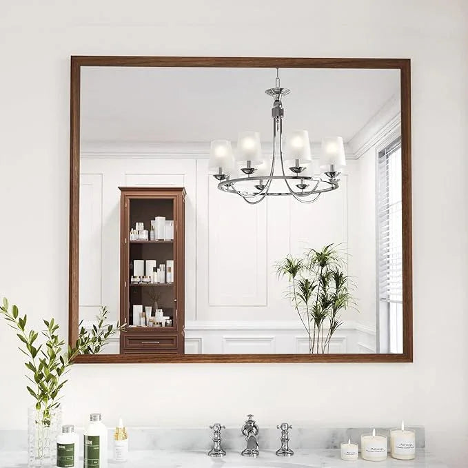 WEER Bathroom Mirror, 40x36 Inch Wall Mirror, Walnut Wood Grain Framed Mirror, Rectangle Vanity Mirror, Tempered Glass, Anti-Rust, Hangs Horizontally or Vertically - ModernBath