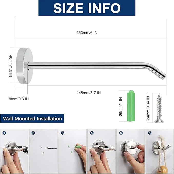 NearMoon Coat Hooks, Wall Mount Hooks for Hanging Hat Hurse Robe, 304 Stainless Steel Heavy Duty Towel Hangers for Bathroom Livingroom Hotel Kitchen Garage, 6 Pack (6 Inch, Brushed Nickel) - ModernBath