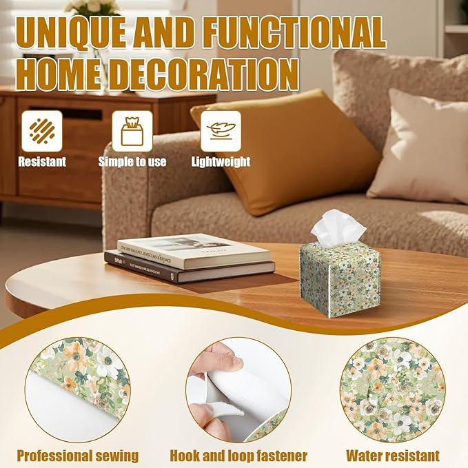 Watercolor Flower Tissue Box Cover 2PCS, Leather Tissue Box Holder Square Facial Paper Case Tissue Box Cube Organizer for Bathroom Bedroom Desk Office - ModernBath