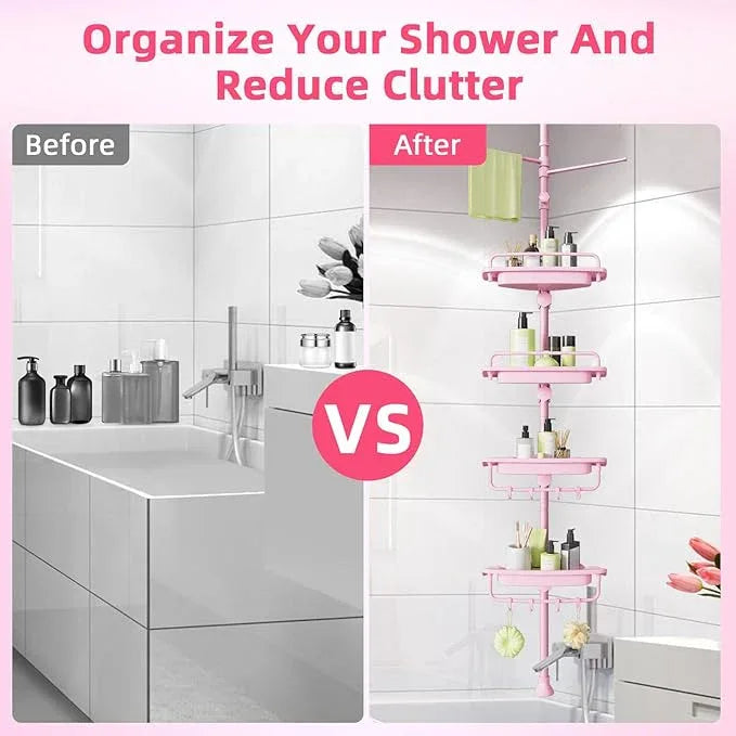 32-122inch Corner Shower Caddy Tension Pole Pink, Rustproof Drill-Free Shower Shelves for Bathroom Bathtub Washbasin, Adjustable Shower Organizer with 4 Tier Patent Stable Shelves & Towel Bars - ModernBath