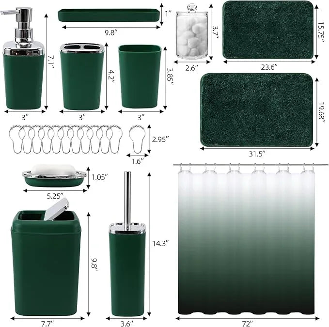 XLHOMO Dark Green Bathroom Accessories Set with Shower Curtain and No-Slip Bath Rugs,24PC Bath Sets with Trash Can, Toothbrush Holder, Cup, Soap Dispenser, Tray, Soap Dish, Toilet Brush, Qtip Holders - ModernBath