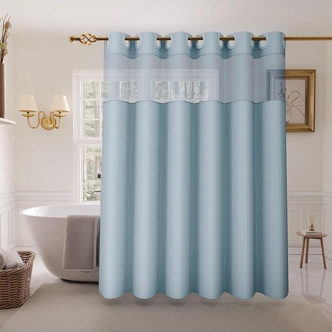 Inhousolu No Hook Shower Curtain with Snap in Fabric Liner Set Waffle Weave 230GSM Weighted Hem, Waterproof & Washable Bathroom Curtain Spa Luxury with Mesh Top Window 72" W x 72" L Teal - ModernBath