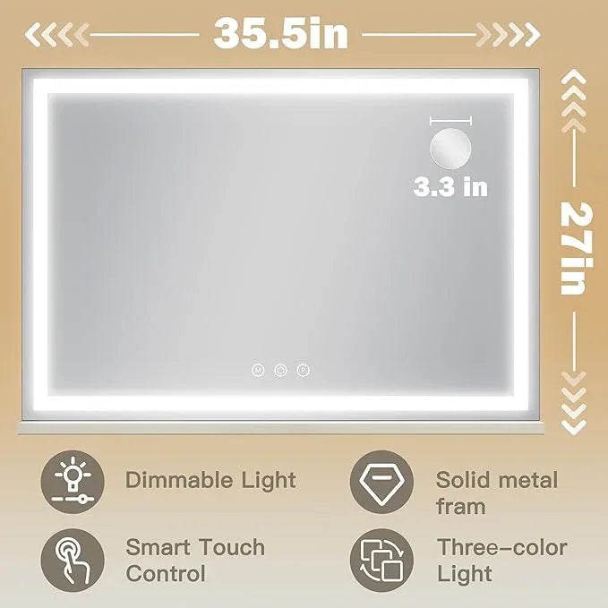 ROLOVE Large Vanity Mirror with Lights 35.5" x 27", LED Hollywood Makeup Mirror with USB Charging Port, 3 Color Modes, Dimmable Touch Control, 10X Magnification, Wall Mounted or Tabletop - ModernBath
