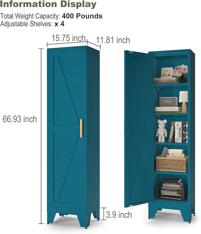 COFaR Tall Bathroom Cabinet, Metal Farmhouse Narrow Slim Storage Cabinet with Adjustable Shelves Barn Door for Bathrooms, Kitchens, Entrances Living Room (Blue) - ModernBath