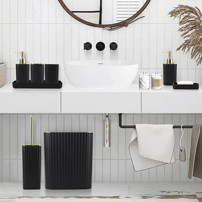 XLHOMO Bathroom Set with Shower Curtain and Rugs- 25PC Bathroom Accessory Set, Black Shower Curtain Set, Toilet Brush, Trash Can, Qtip Holder Dispenser & Soap Dispenser - ModernBath