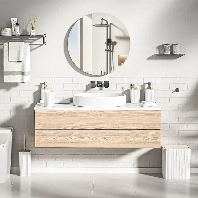 XLHOMO Bathroom Accessories Set - Elegant White Bathroom Set, 10PC Bathroom Accessory Set, Toilet Brush, Trash Can, Qtip Holder Dispenser & Soap Dispenser - ModernBath