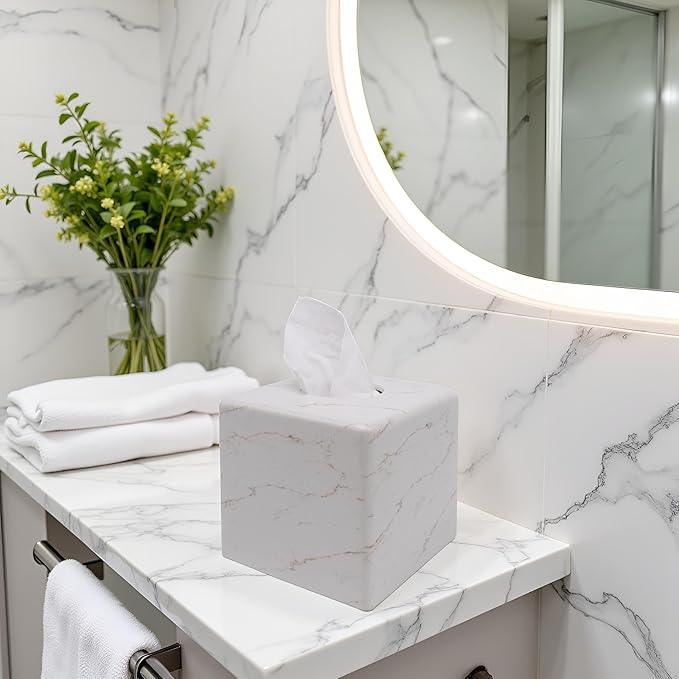 Huitony Marble Tissue Box Cover Square Decorative Stone Klenex Box Holder for Bathroom & Living Room with Handcrafted Texture (Marble-B) - ModernBath