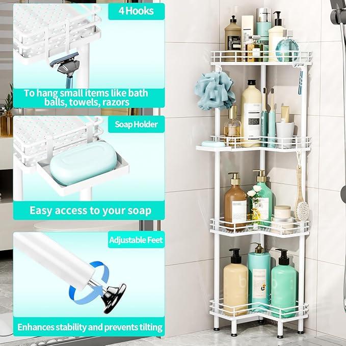 HapiRm Corner Shower Caddy Organizer - 4 Tier Shower Shelf Corner with Soap Holder, Rustproof Bathroom Standing Organizer with 4 Hooks, White - ModernBath