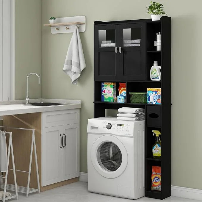 Vabches Over The Toilet Storage Cabinet, Bathroom Shelf Over Toilet with Glass Doors and Adjustable Shelves, Black Freestanding Home Space Save Toilet Rack, for Restroom, Bathroom, Laundry - ModernBath