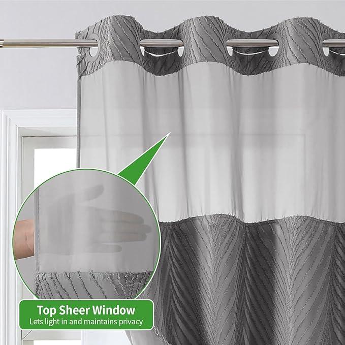 eachope no Hook Shower Curtain and Liner Set，Boho Style with See Through Top Window, Grey Fabric Tufted Striped Textured Outer Curtain & Waterproof Inner Liner, Grey/Gray, 71Wx98H - ModernBath