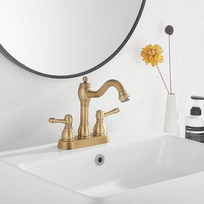 GGStudy Antique Brass Bathroom Faucet 2 Handles 4 Inches Centerset RV Bathroom Vanity Faucet with Drain Assembly and Supply Hose Lavatory Faucet - ModernBath