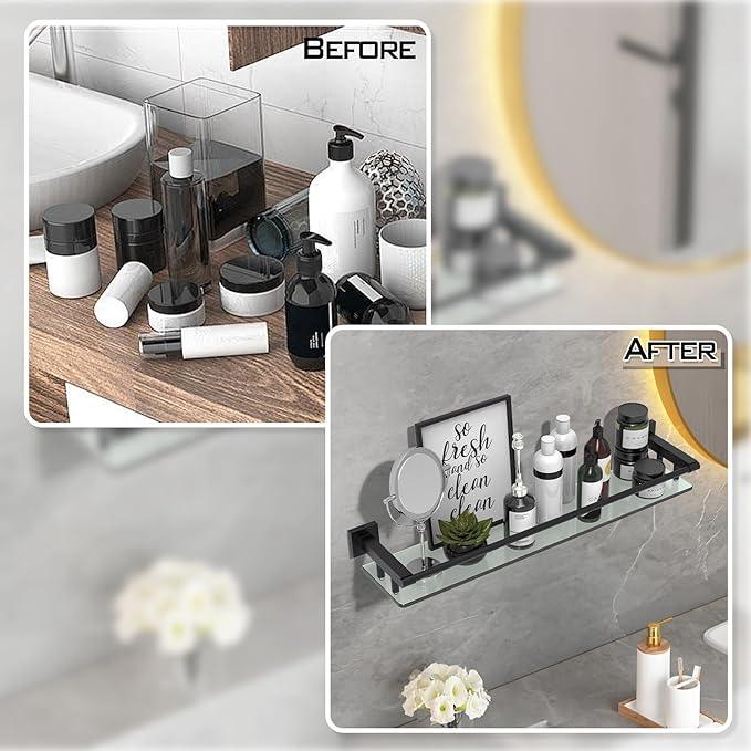 Glass Shelf for Bathroom Wall Sheves 24 inch Rectangular Stainless Steel Tempered Glass Modern Stainless Steel Wall Mount Accessories Organizers Storage (Matte Black) - ModernBath
