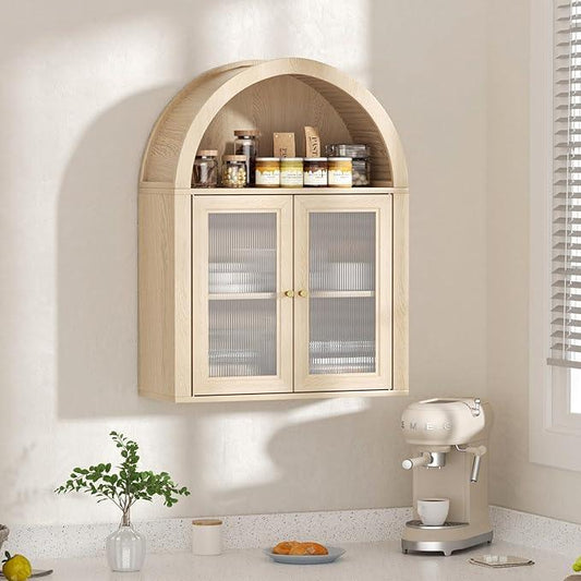 Arched Bathroom Cabinet, Wall Mounted Bathroom Cabinet with Tempered Glass Doors and Adjustable Shelf, for Kitchen, Living Room, Laundry Room, Restroom, Oak - ModernBath