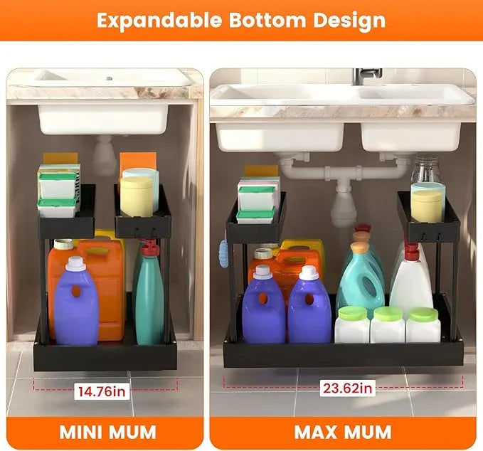 Expandable Under Sink Organizers and Storage,Width Adjustable (14.9-23.6IN),No Drill 2-Tier Pull Out Under Cabinet Organizer for Kitchen Bathroom Laundry (black) - ModernBath