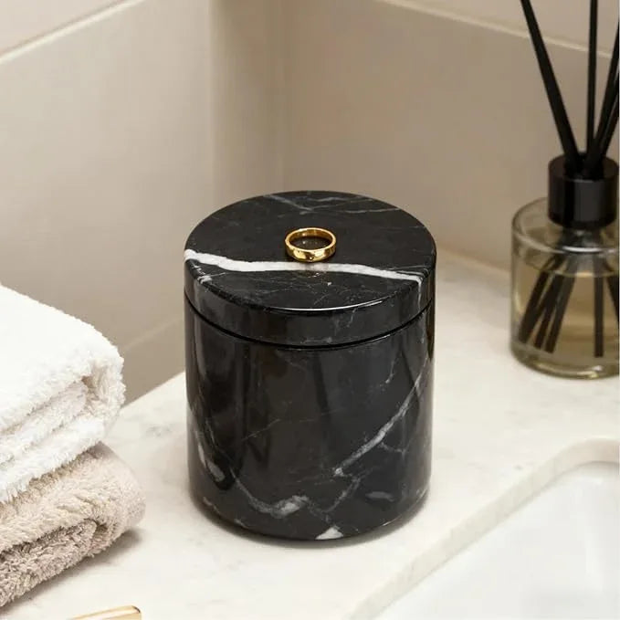 Black Marble Canister, Natural Otip Holder Dispenser with Lid, 3 x 3.5 Inch Cylinder Canister, High Capacity Bathroom Qtip Holder Storage for Cotton Swab, Floss Picks, Makeup Pad (Small) - ModernBath