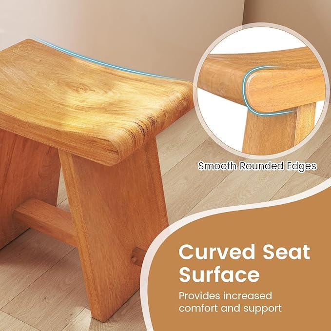 Giantex Teak Shower Bench Stool for Bathroom, Fully Assembled Wooden Bath Seat with Curved Seat, Waterproof Spa Shaving Bench Foot Rest for Indoor Outdoor Use, 19.5''L x 12''W x 18''H - ModernBath