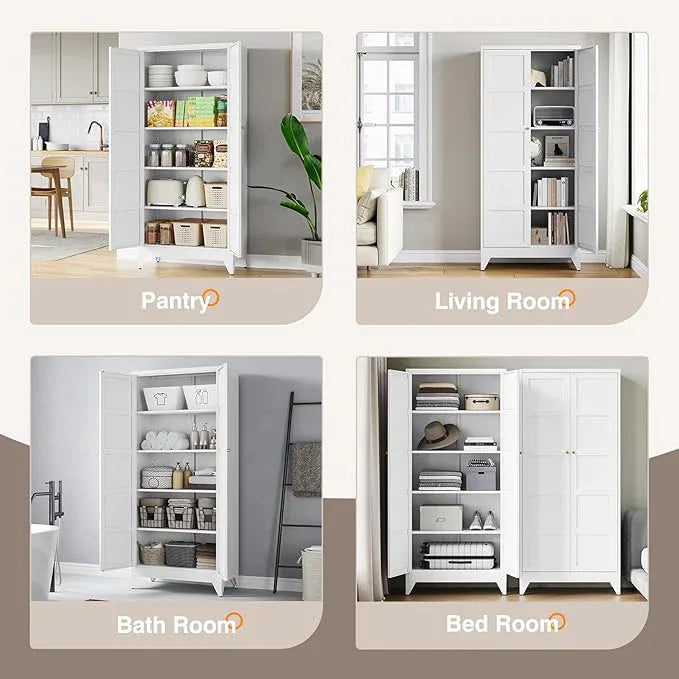 Yizosh Metal Storage Cabinet with 2 Doors and 4 Adjustable Shelves,- 71" White Kitchen Pantry Storage Cabinet for Kitchen,Dining Room,Living Room - ModernBath